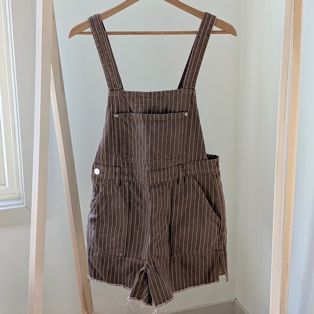 WeWoreWhat Brown Pinstripe Denim Short Overalls